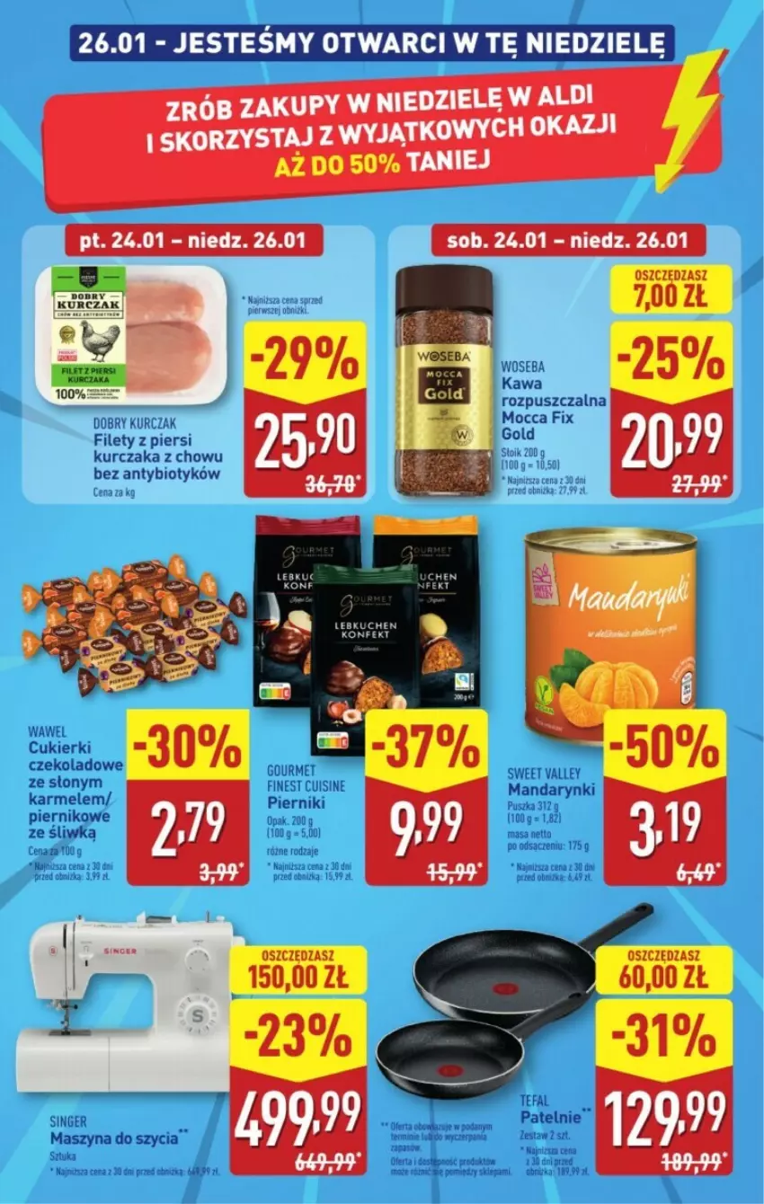 Gazetka promocyjna Aldi - ważna 23.01 do 29.01.2025 - strona 7 - produkty: Cukier, Cukierki, Cukierki czekoladowe, Fa, Kawa, Kurczak, Mandarynki, Mocca Fix Gold, Piernik, Szyna, Tefal, Wawel, Woseba