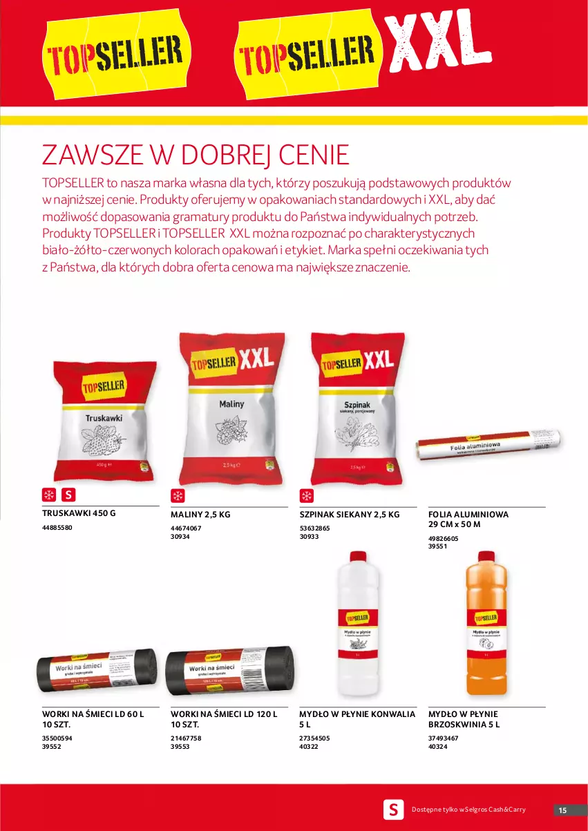 Gazetka promocyjna Selgros - Oferta gastronomiczna - ważna 25.03 do 05.04.2021 - strona 15 - produkty: Folia aluminiowa, Gra, LG, Maliny, Mydło, Mydło w płynie, O nas, Rama, Szpinak, Top, Truskawki, Worki na śmiec, Worki na śmieci