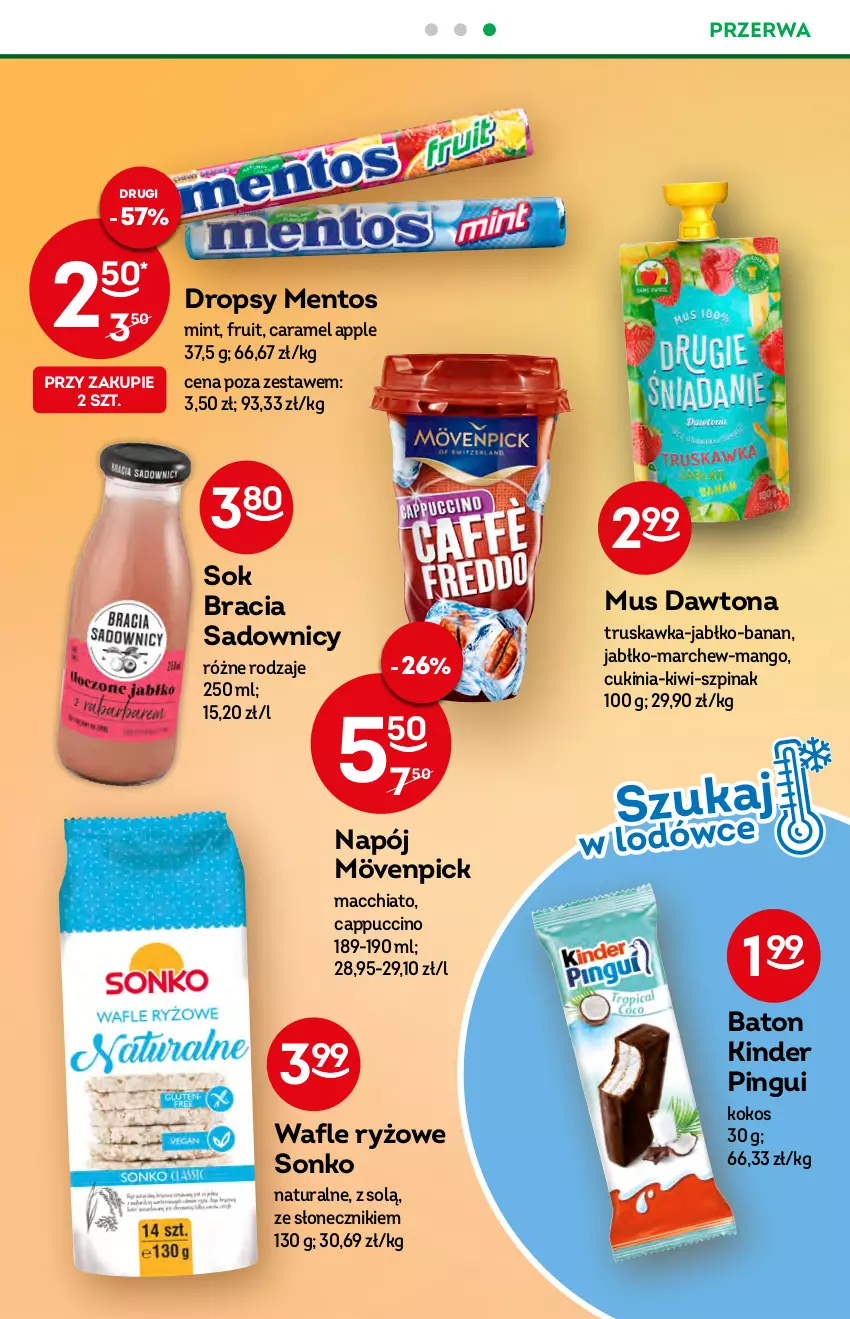 Gazetka promocyjna Żabka - ważna 20.07 do 26.07.2022 - strona 35 - produkty: Baton, Cappuccino, Chia, Dawtona, Grill, Kinder, Kiwi, Kokos, Mango, Mentos, Mus, Napój, Ryż, Sok, Sonko, Szpinak, Wafle