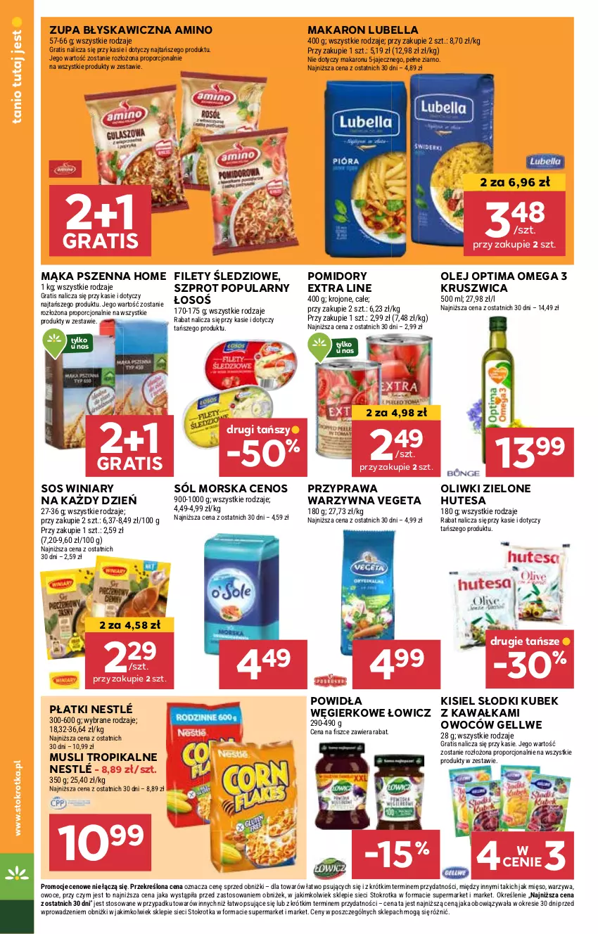 Gazetka promocyjna Stokrotka - Supermarket - ważna 13.02 do 19.02.2025 - strona 24 - produkty: Bell, Bella, Cenos, Gra, Kawa, Kisiel, Kubek, Lubella, Mąka, Mąka pszenna, Makaron, Mus, Nestlé, Olej, Oliwki, Oliwki zielone, Optima, Pomidory, Por, Sól, Sos, Szprot, Vegeta, Winiary, Zupa