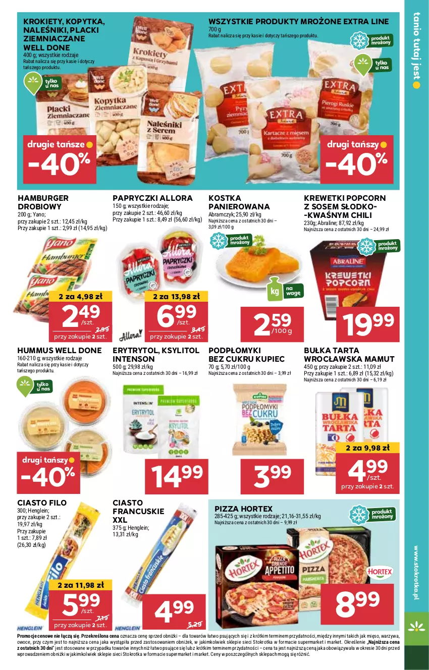 Gazetka promocyjna Stokrotka - Supermarket - ważna 13.02 do 19.02.2025 - strona 25 - produkty: Bułka, Bułka tarta, Burger, Ciasto francuskie, Hamburger, Hortex, Hummus, Kopytka, Krewetki, Krokiety, Ksylitol, Kupiec, Lack, Mus, Naleśniki, Piec, Pizza, Popcorn, Produkty mrożone, Sos, Tarta