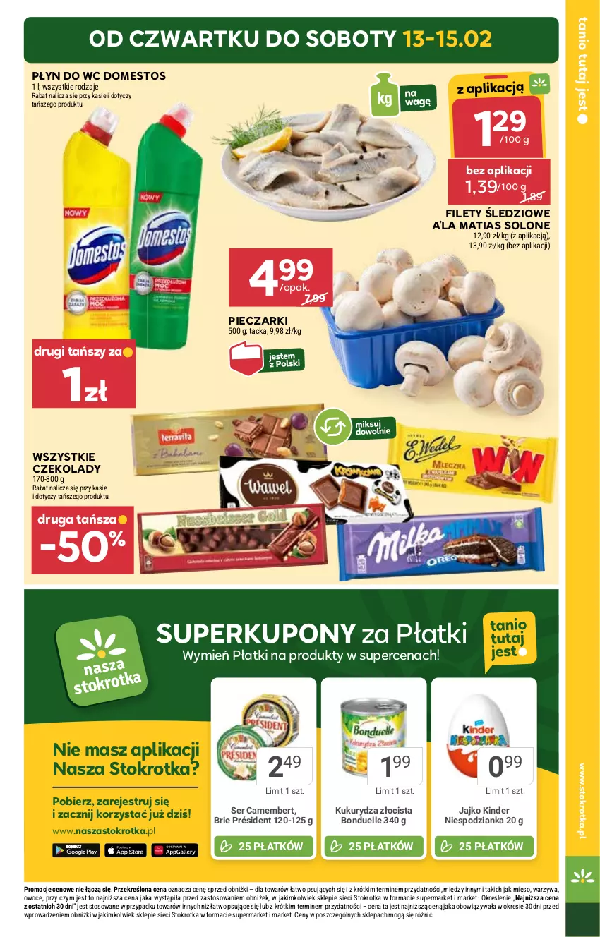 Gazetka promocyjna Stokrotka - Supermarket - ważna 13.02 do 19.02.2025 - strona 3 - produkty: Bonduelle, Brie, Camembert, Domestos, Kinder, Kukurydza, Piec, Płyn do wc, Président, Ser