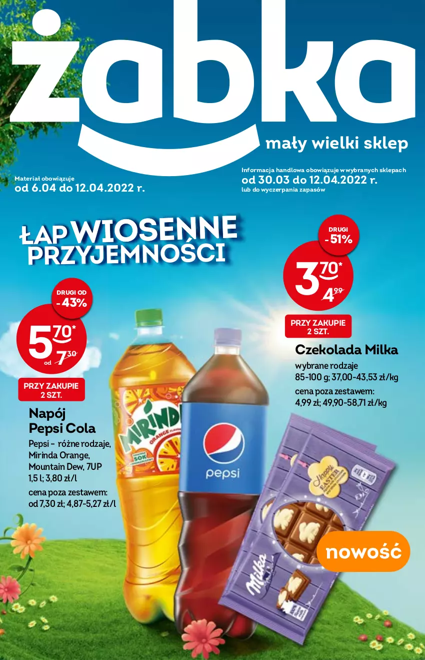 Gazetka promocyjna Żabka - ważna 06.04 do 14.04.2022 - strona 1 - produkty: 7up, Czekolada, Milka, Mirinda, Napój, Pepsi