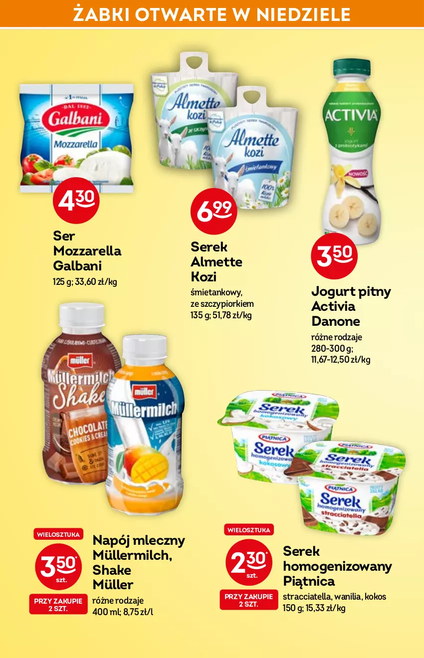 Gazetka promocyjna Żabka - ważna 06.04 do 14.04.2022 - strona 30 - produkty: Activia, Almette, Danone, Galbani, Jogurt, Jogurt pitny, Kokos, Mozzarella, Müller, Müllermilch, Napój, Napój mleczny, Piątnica, Ser, Serek, Serek homogenizowany