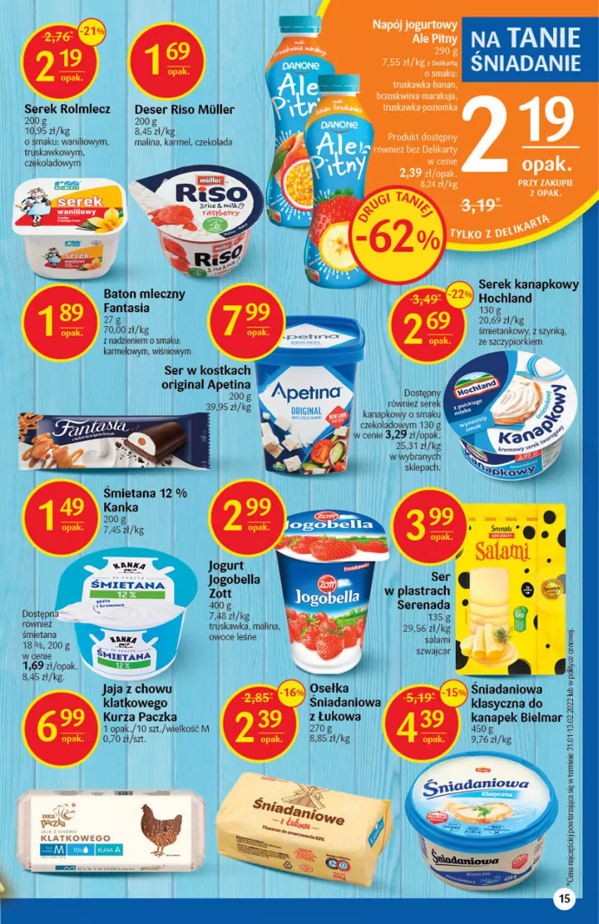 Gazetka promocyjna Delikatesy Centrum - Gazetka DC15 - ważna 19.04 do 27.04.2022 - strona 15 - produkty: Baton, Bell, Bella, Danio, Deser, Fa, Fanta, Gin, Hochland, Jaja, Jogobella, Jogurt, Napój, Napój jogurtowy, Owoce, Rolmlecz, Rum, Salami, Ser, Serek, Serek kanapkowy, Zott