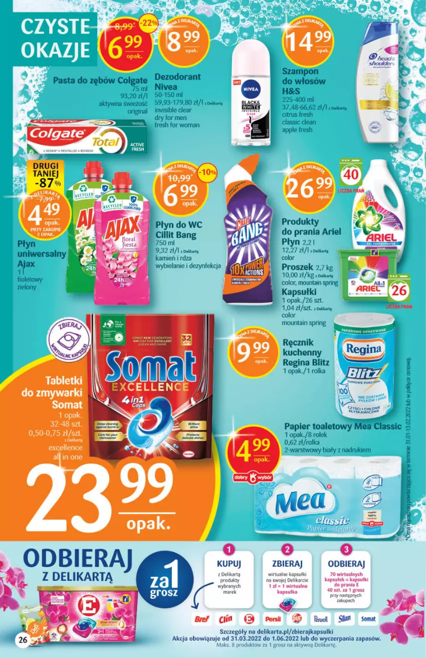 Gazetka promocyjna Delikatesy Centrum - Gazetka DC15 - ważna 19.04 do 27.04.2022 - strona 26 - produkty: Ajax, Ariel, Bref, Cillit Bang, Colgate, Dezodorant, Dezynfekcja, Gin, Lack, LG, Nivea, Papier, Papier toaletowy, Pasta do zębów, Płyn do wc, Ręcznik, Ręcznik kuchenny, Somat, Szampon, Tablet, Tabletki do zmywarki, Zmywarki