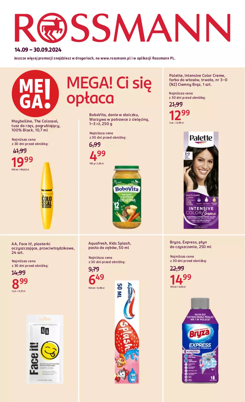 Gazetka promocyjna Rossmann - 14 września - ważna 14.09 do 30.09.2024 - strona 1 - produkty: Aquafresh, Bell, BoboVita, Bryza, Color Creme, Fa, Farba do włosów, Lack, Maybelline, Palette, Pasta do zębów, Plasterki, Tusz, Warzywa