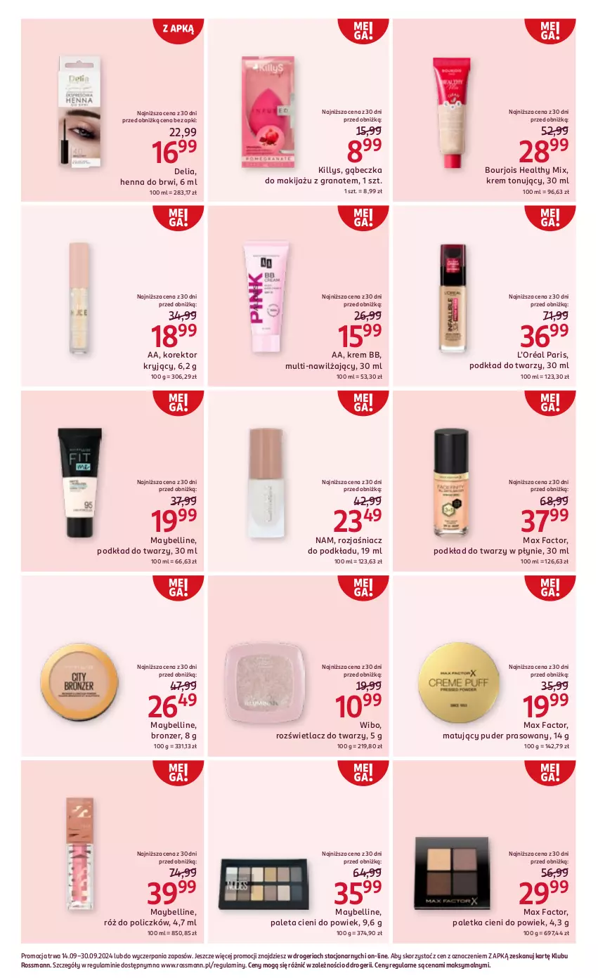 Gazetka promocyjna Rossmann - 14 września - ważna 14.09 do 30.09.2024 - strona 11 - produkty: Bell, Bourjois, Bronzer, Fa, Gra, Granat, Killys, Krem bb, L’Oréal, Makijaż, Max Factor, Maybelline, Paleta, Paletka cieni, Podkład, Podkład do twarzy, Puder, Puder prasowany, Róż do policzków, Rozświetlacz, Wibo