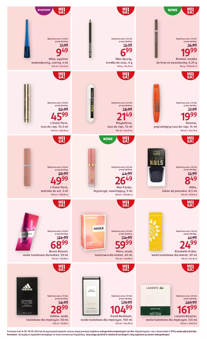 Gazetka promocyjna Rossmann - 14 września - ważna 14.09 do 30.09.2024 - strona 12 - produkty: Adidas, Bell, Booster, Bruno Banani, David Beckham, Elizabeth Arden, Fa, Inka, Kredka, Kredka do brwi, L’Oréal, Lacoste, Lakier, Lakier do paznokci, Max Factor, Maybelline, Mexx, Miss Sporty, Por, Sport, Szminka, Tusz, Wibo, Woda, Woda toaletowa