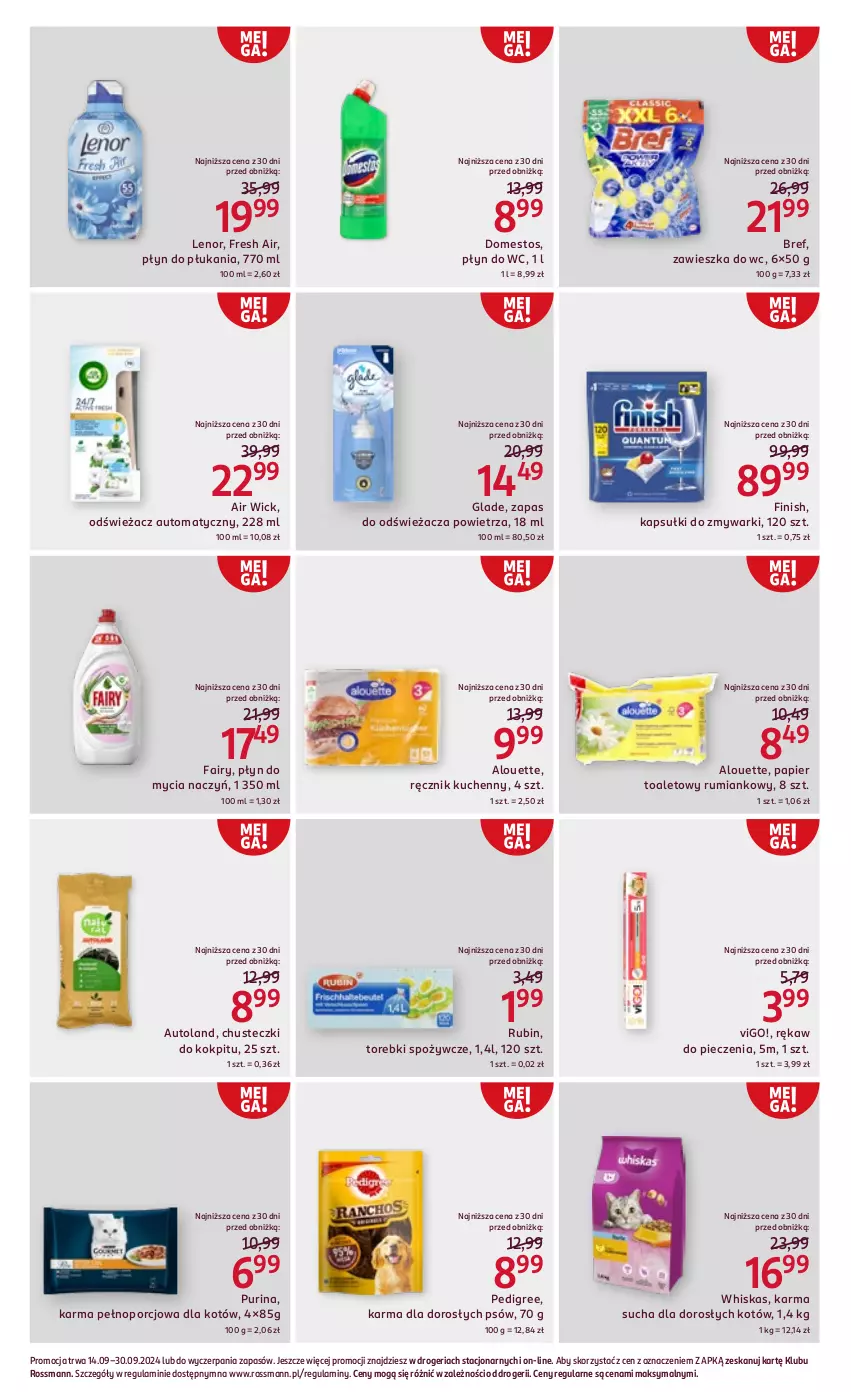 Gazetka promocyjna Rossmann - 14 września - ważna 14.09 do 30.09.2024 - strona 3 - produkty: Air Wick, Alouette, Bref, Chusteczki, Do mycia naczyń, Domestos, Fa, Fairy, Finish, Lenor, Papier, Papier toaletowy, Pedigree, Piec, Płyn do mycia, Płyn do mycia naczyń, Płyn do płukania, Płyn do wc, Por, Pur, Purina, Ręcznik, Ręcznik kuchenny, Rękaw do pieczenia, Rubin, Rum, Whiskas, Zawieszka do wc, Zmywarki