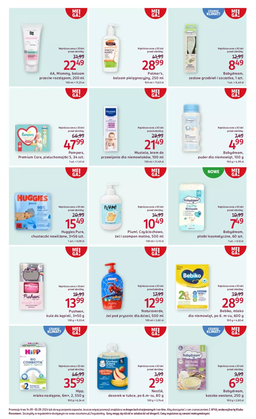 Gazetka promocyjna Rossmann - 14 września - ważna 14.09 do 30.09.2024 - strona 4 - produkty: Babydream, Bebiko, Chusteczki, Deser, Dzieci, HiPP, Huggies, Majtki, Mleko, Mus, Mustela, Nestlé, O nas, Pampers, Pieluchomajtki, Płatki kosmetyczne, Puder, Pur, Ser, Serek, Szampon, Szczotka