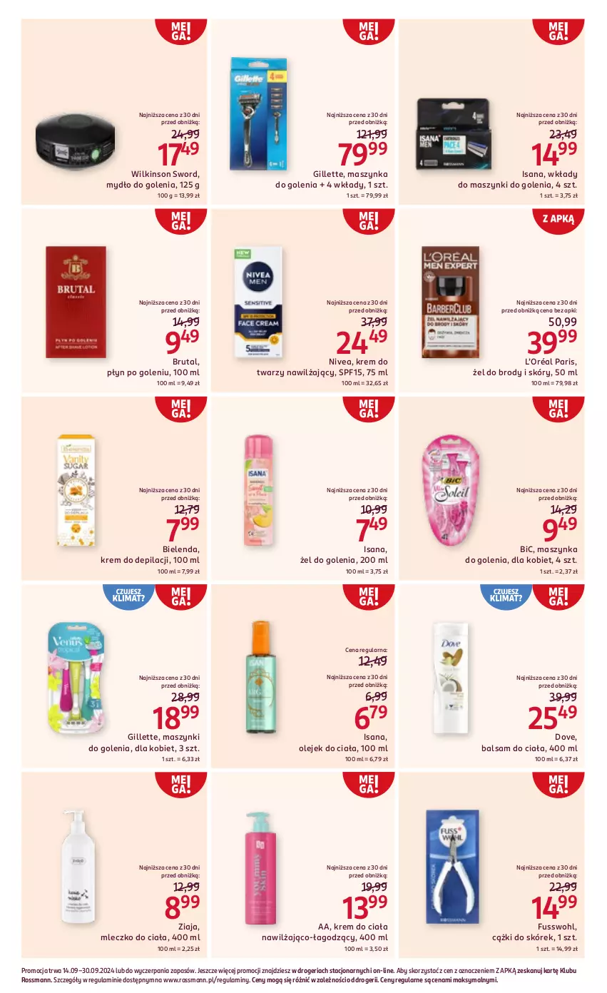 Gazetka promocyjna Rossmann - 14 września - ważna 14.09 do 30.09.2024 - strona 7 - produkty: Balsam do ciała, BIC, Bielenda, Brutal, Cążki, Cążki do skórek, Dove, Gillette, Isana, Krem do ciała, Krem do depilacji, Krem do twarzy, L’Oréal, Maszynka, Maszynka do golenia, Mleczko, Mleczko do ciała, Mydło, Nivea, Olej, Olejek do ciała, Szynka, Wilkinson Sword, Ziaja