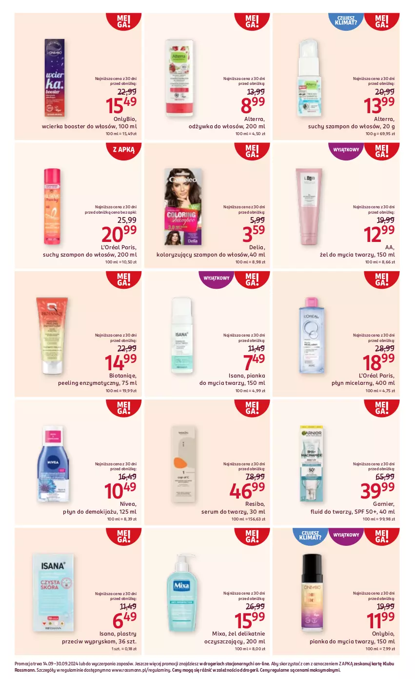 Gazetka promocyjna Rossmann - 14 września - ważna 14.09 do 30.09.2024 - strona 9 - produkty: Alterra, Booster, Garnier, Isana, L’Oréal, Makijaż, Mixa, Nivea, Odżywka, Peeling, Pianka do mycia twarzy, Płyn micelarny, Rum, Ser, Serum, Serum do twarzy, Suchy szampon, Szampon