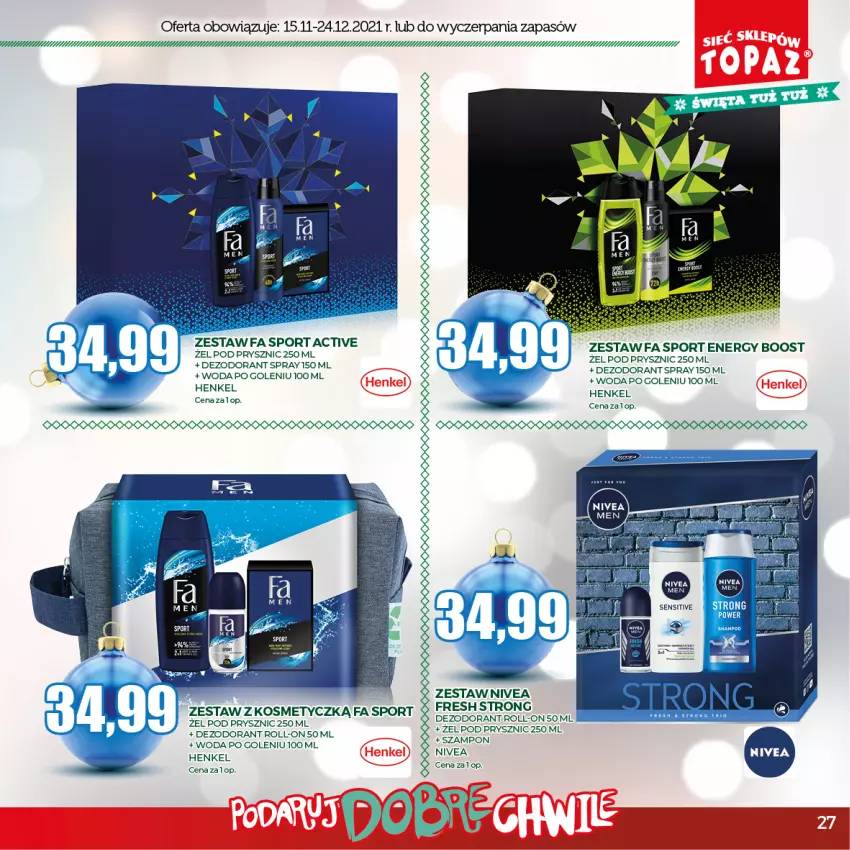 Gazetka promocyjna Topaz - Gazetka - ważna 15.11 do 24.12.2021 - strona 27 - produkty: Dezodorant, Fa, Nivea, Por, Sport, Szampon, Woda, Woda po goleniu