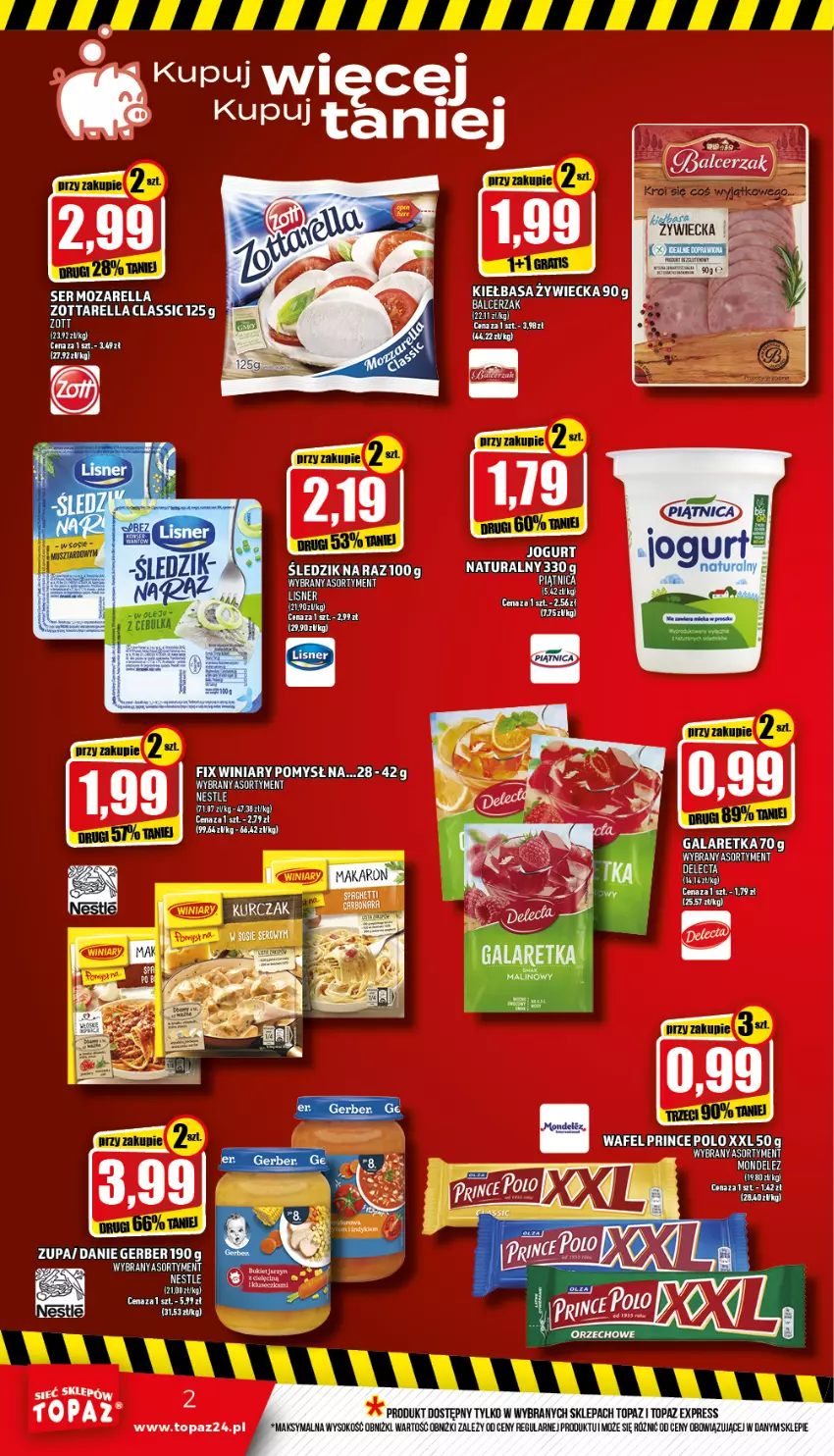 Gazetka promocyjna Topaz - Gazetka - ważna 24.03 do 30.03.2022 - strona 2 - produkty: Gala, Galaretka, Gerber, Lisner, Makaron, Piątnica, Prince Polo, Ser, Sok, Top, Winiary, Zott, Zottarella, Zupa