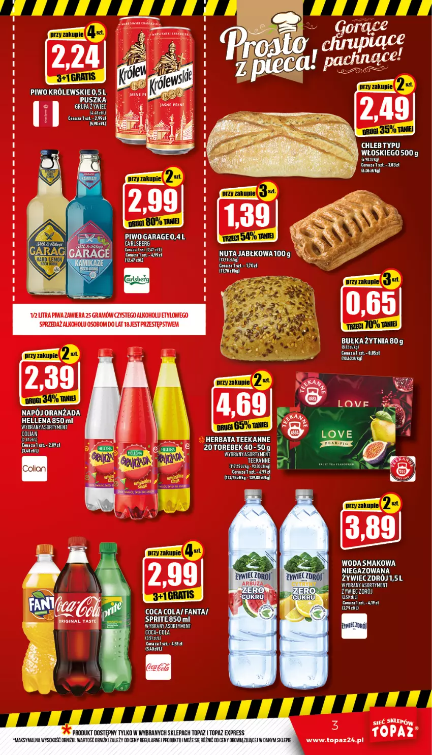 Gazetka promocyjna Topaz - Gazetka - ważna 24.03 do 30.03.2022 - strona 3 - produkty: Bułka, Chleb, Coca-Cola, Fa, Fanta, Gra, Hellena, Herbata, Królewski, Napój, Oranżada, Piwa, Piwo, Sok, Sprite, Teekanne, Top, Woda