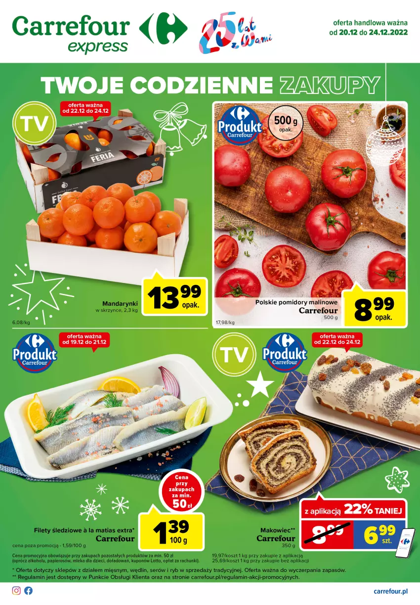 Gazetka promocyjna Carrefour - Gazetka Express - ważna 20.12 do 24.12.2022 - strona 1 - produkty: Dzieci, Kosz, Makowiec, Mandarynki, Papier, Pomidory, Ser