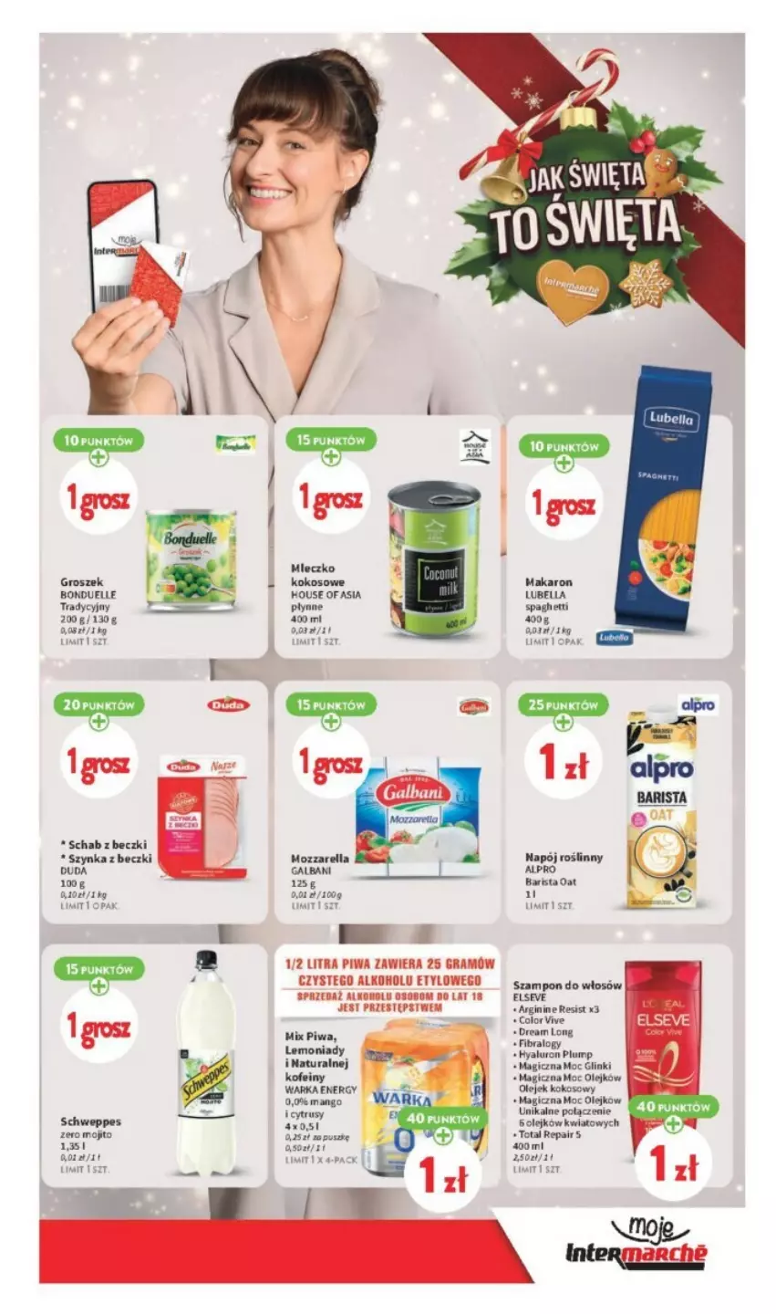 Gazetka promocyjna Intermarche - ważna 07.12 do 13.12.2023 - strona 11 - produkty: Bell, Bella, Bonduelle, Duda, Elseve, Galbani, Gin, Gra, Groszek, Kokos, Lubella, Makaron, Mango, Mleczko, Mozzarella, Napój, Napój roślinny, Olej, Piwa, Schweppes, Szampon, Szynka, Szynka z beczki, Warka