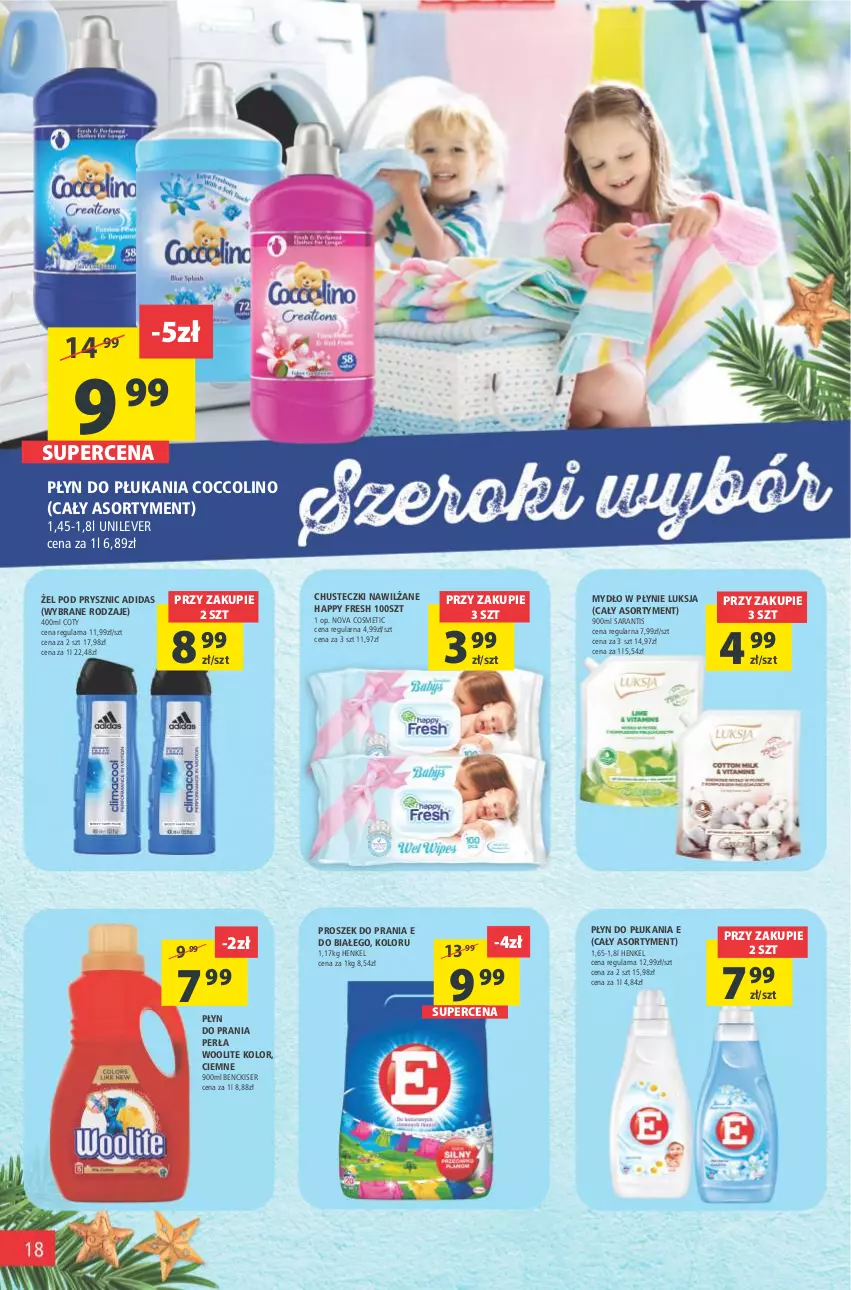 Gazetka promocyjna Arhelan - Gazetka - ważna 29.12.2021 do 09.01.2022 - strona 18 - produkty: Adidas, Chusteczki, Coccolino, Luksja, Mydło, Mydło w płynie, Perła, Płyn do płukania, Płyn do prania, Proszek do prania, Ser, Woolite