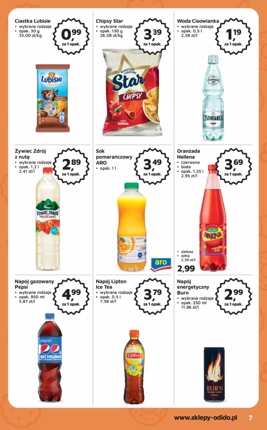 Gazetka promocyjna Odido - Gazetka - ważna 13.01 do 26.01.2023 - strona 7 - produkty: Chipsy, Ciastka, Cisowianka, Hellena, Ice tea, Lipton, Lubisie, Napój, Napój energetyczny, Napój gazowany, Oranżada, Pepsi, Sok, Woda