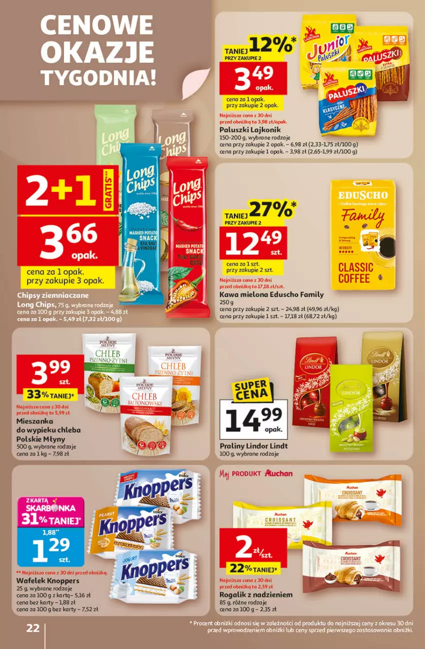Gazetka promocyjna Auchan - Wielkie Przeboje Cenowe Hipermarket - ważna 02.01 do 07.01.2026 - strona 22 - produkty: Chleb, Croissant, Fa, Kawa, Kawa mielona, Knoppers, Lajkonik, Lindor, Lindt, Polskie Młyny, Praliny, Rogal, Wafelek