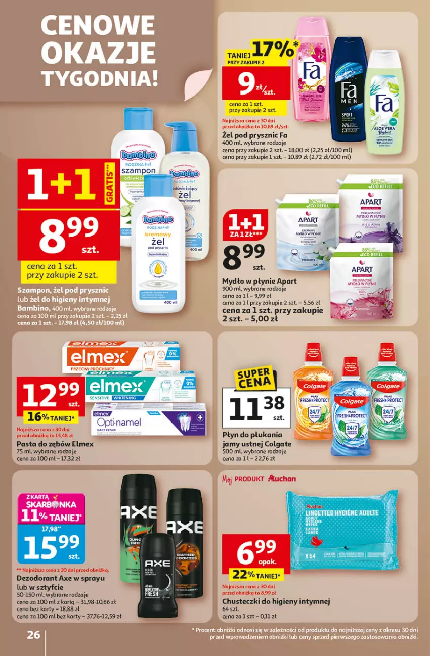 Gazetka promocyjna Auchan - Wielkie Przeboje Cenowe Hipermarket - ważna 02.01 do 07.01.2026 - strona 26 - produkty: Chusteczki, Chusteczki do higieny, Colgate, Dezodorant, Elmex, Fa, LG, Mydło, Mydło w płynie, Pasta do zębów, Płyn do płukania, Płyn do płukania jamy ustnej