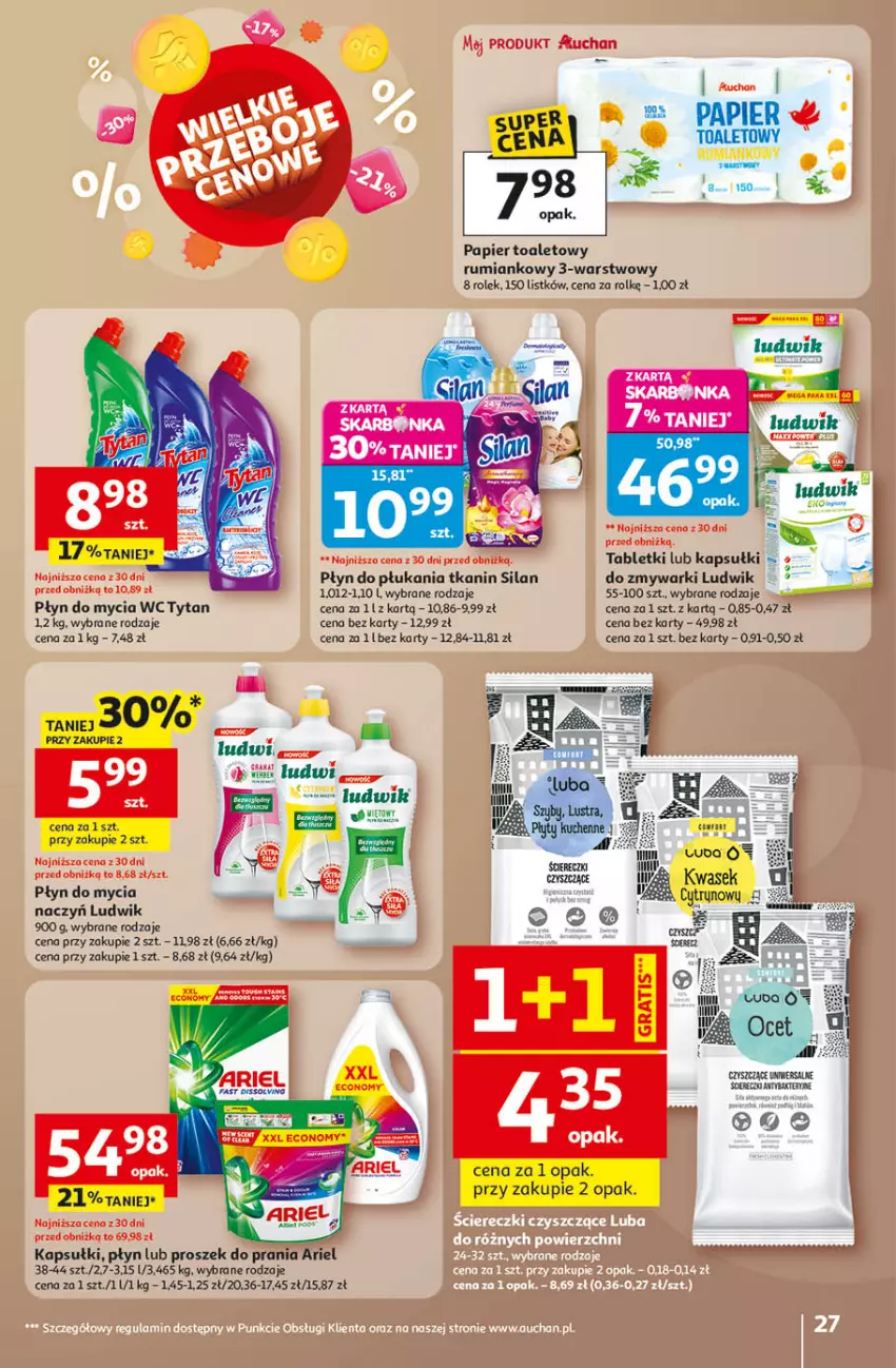 Gazetka promocyjna Auchan - Wielkie Przeboje Cenowe Hipermarket - ważna 02.01 do 07.01.2026 - strona 27 - produkty: Ariel, Ludwik, Papier, Papier toaletowy, Płyn do mycia, Proszek do prania, Rum, Silan, Tablet, Tytan, Zmywarki