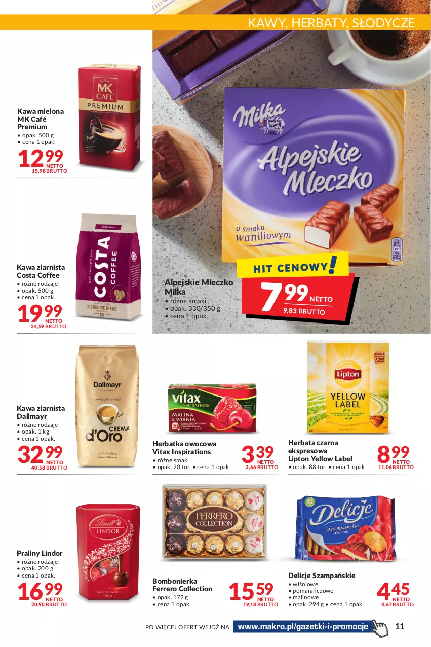 Gazetka promocyjna Makro - [Oferta promocyjna] Artykuły spożywcze i przemysłowe - ważna 07.01 do 24.01.2022 - strona 11 - produkty: Dallmayr, Delicje, Ferrero, Herbata, Herbata czarna, Kawa, Kawa mielona, Kawa ziarnista, Lindor, Lipton, Milka, Mleczko, Praliny, Vitax