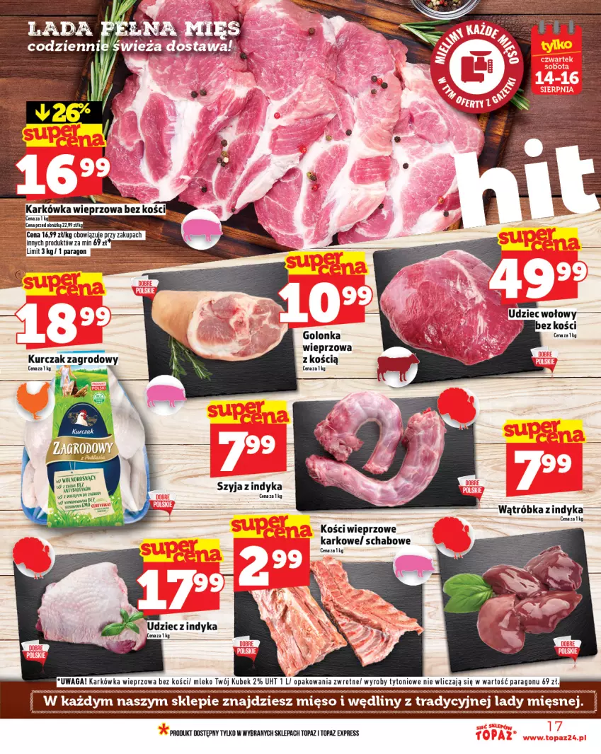 Gazetka promocyjna Topaz - Gazetka - ważna 14.08 do 20.08.2025 - strona 17 - produkty: Golonka wieprzowa, Karkówka wieprzowa, Kości wieprzowe, Kubek, Kurczak, Mięso, Mleko, Top, Udziec wołowy, Waga