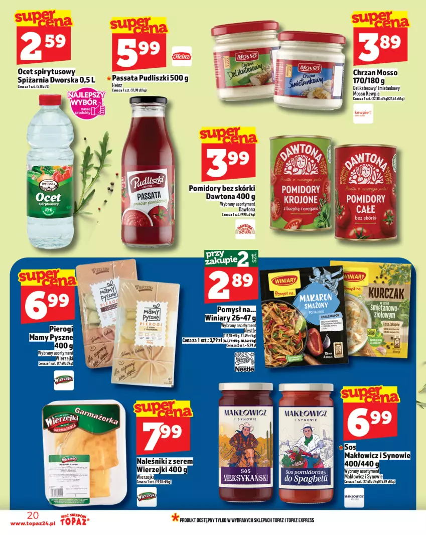 Gazetka promocyjna Topaz - Gazetka - ważna 14.08 do 20.08.2025 - strona 20 - produkty: Chrzan, Dawtona, Naleśniki, Ocet, Pomidory, Pudliszki, Ser, Top