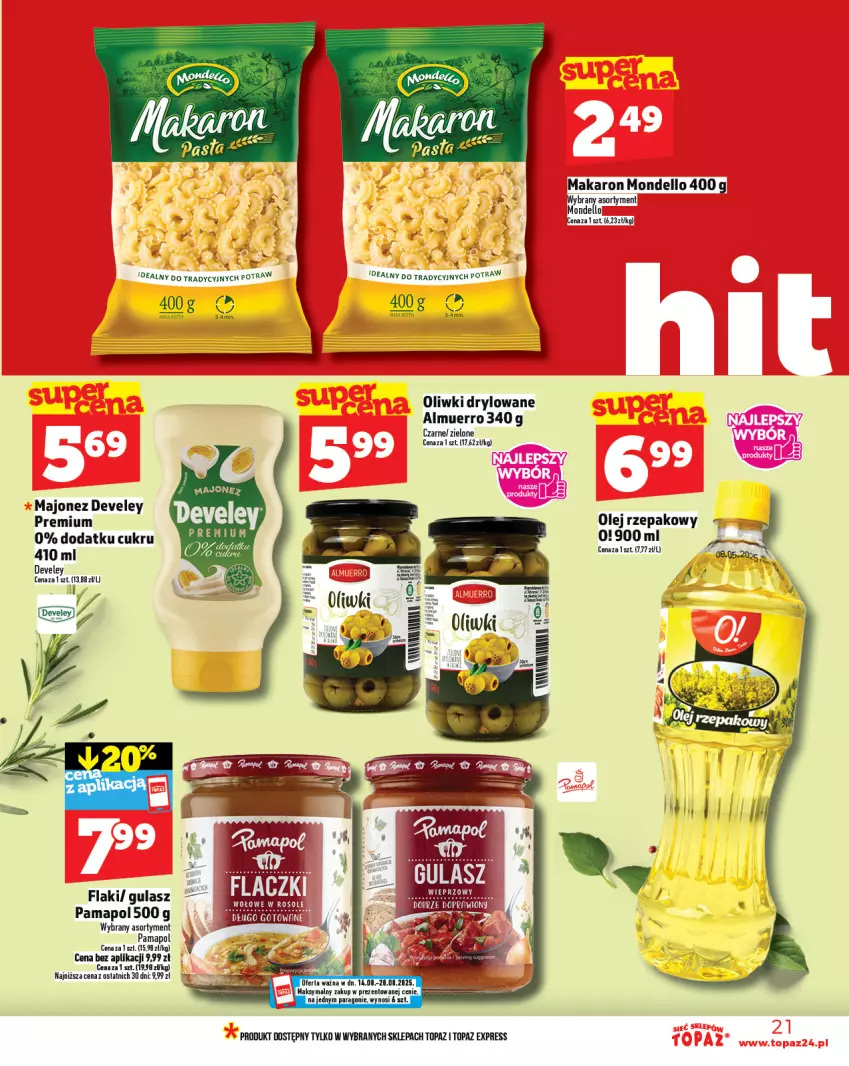 Gazetka promocyjna Topaz - Gazetka - ważna 14.08 do 20.08.2025 - strona 21 - produkty: Dell, Flaki, Majonez, Makaron, Olej, Oliwki, Top