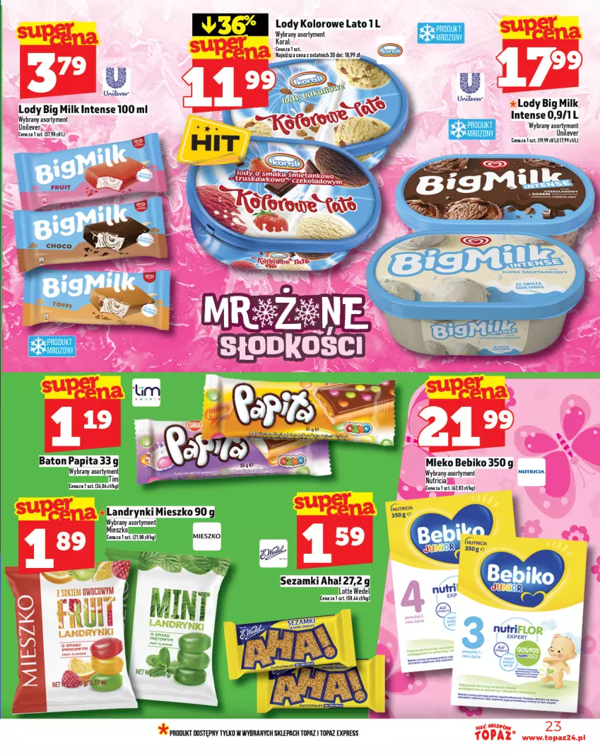 Gazetka promocyjna Topaz - Gazetka - ważna 14.08 do 20.08.2025 - strona 23 - produkty: Bebiko, Big Milk, Lody, Mleko, Por, Sezam, Top