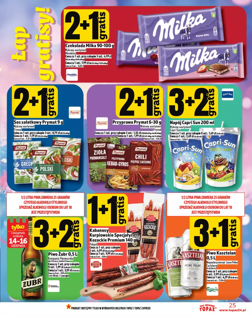 Gazetka promocyjna Topaz - Gazetka - ważna 14.08 do 20.08.2025 - strona 25 - produkty: Carlsberg, Czekolada, Kabanos, Milka, Pekpol, Top