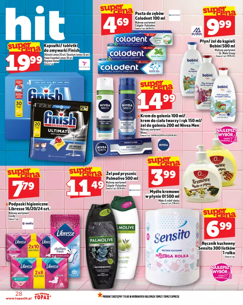 Gazetka promocyjna Topaz - Gazetka - ważna 14.08 do 20.08.2025 - strona 28 - produkty: Body, Colgate, Fa, Finish, Krem do ciała, Krem do golenia, LG, Miód, Mleko, Mydło, Nivea, Nivea Men, Palmolive, Podpaski, Ręcznik, Ręcznik kuchenny, Sito, Tablet, Top, Zmywarki
