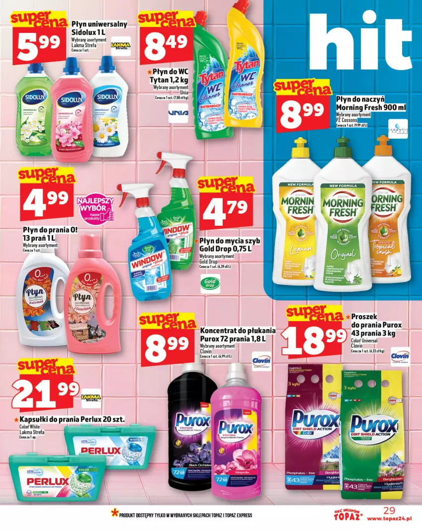 Gazetka promocyjna Topaz - Gazetka - ważna 14.08 do 20.08.2025 - strona 29 - produkty: Fa, Kapsułki do prania, Lovi, Płyn do mycia, Płyn do prania, Płyn do wc, Proszek do prania, Pur, Sidolux, Top, Tytan