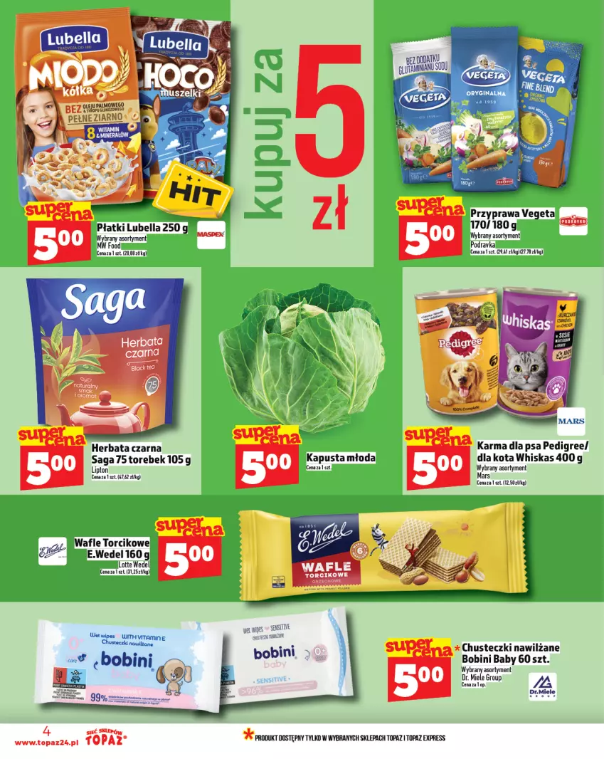 Gazetka promocyjna Topaz - Gazetka - ważna 14.08 do 20.08.2025 - strona 4 - produkty: Bell, Bella, Chusteczki, Herbata, Herbata czarna, Lipton, Lubella, Mars, Pedigree, Podravka, Saga, Top, Vegeta, Wafle, Whiskas