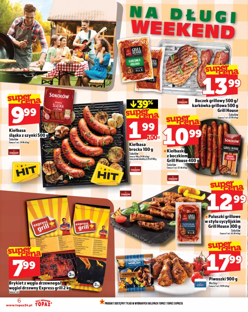 Gazetka promocyjna Topaz - Gazetka - ważna 14.08 do 20.08.2025 - strona 6 - produkty: Boczek, Grill, Kiełbasa, Kiełbasa śląska, Morliny, Piwo, Sok, Sokołów, Top, Węgiel drzewny
