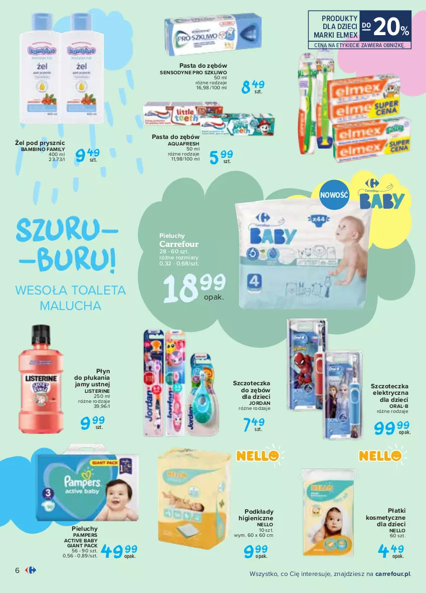 Gazetka promocyjna Carrefour - Gazetka Tyle radości dla malucha - ważna 15.02 do 27.02.2021 - strona 6 - produkty: Aquafresh, Dzieci, Elmex, Fa, Listerine, Pampers, Pasta do zębów, Pieluchy, Płatki kosmetyczne, Płyn do płukania, Płyn do płukania jamy ustnej, Podkład, Sensodyne, Szczoteczka, Szczoteczka do zębów