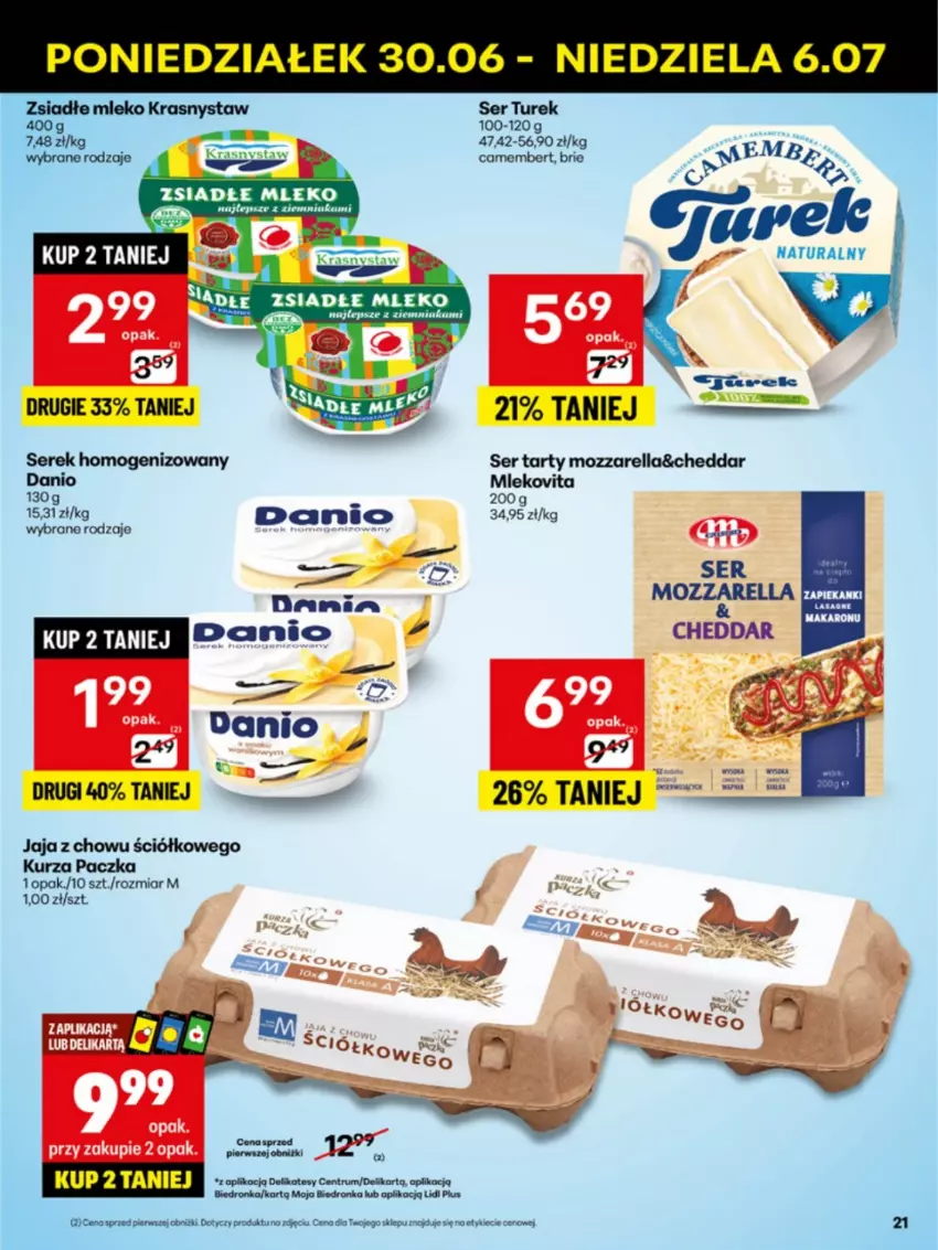 Gazetka promocyjna Delikatesy Centrum - Franczyza DC27 Poniedziałek - ważna 30.06 do 06.07.2025 - strona 21 - produkty: Brie, Camembert, Cheddar, Danio, Jaja, Koc, Mleko, Mlekovita, Mozzarella, Rum, Ser, Serek, Serek homogenizowany