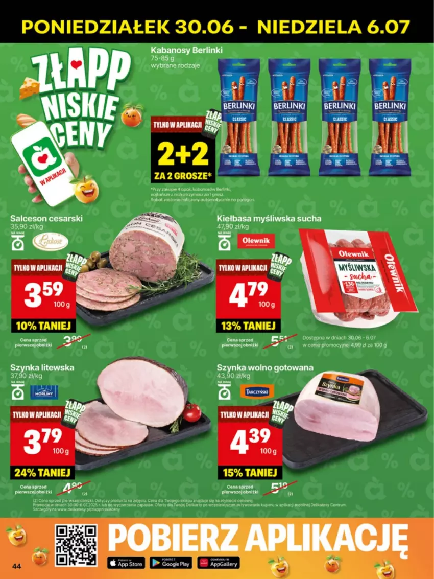 Gazetka promocyjna Delikatesy Centrum - Franczyza DC27 Poniedziałek - ważna 30.06 do 06.07.2025 - strona 44 - produkty: Berlinki, Kabanos, Kiełbasa, Por, Salceson, Szynka