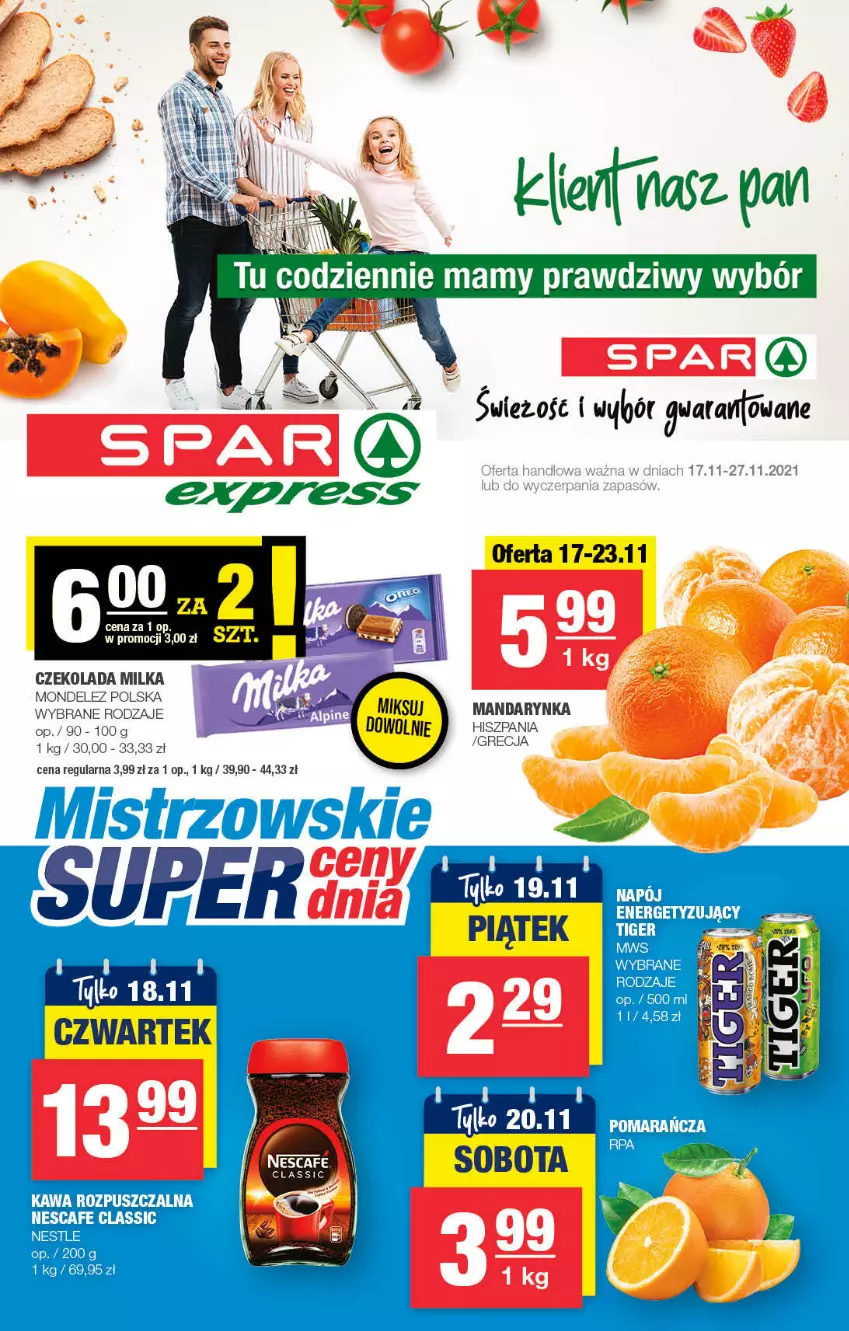 Gazetka promocyjna Spar - ważna 14.11 do 24.11.2021 - strona 1 - produkty: Czekolada, Kawa, Kawa rozpuszczalna, Milka, Tiger
