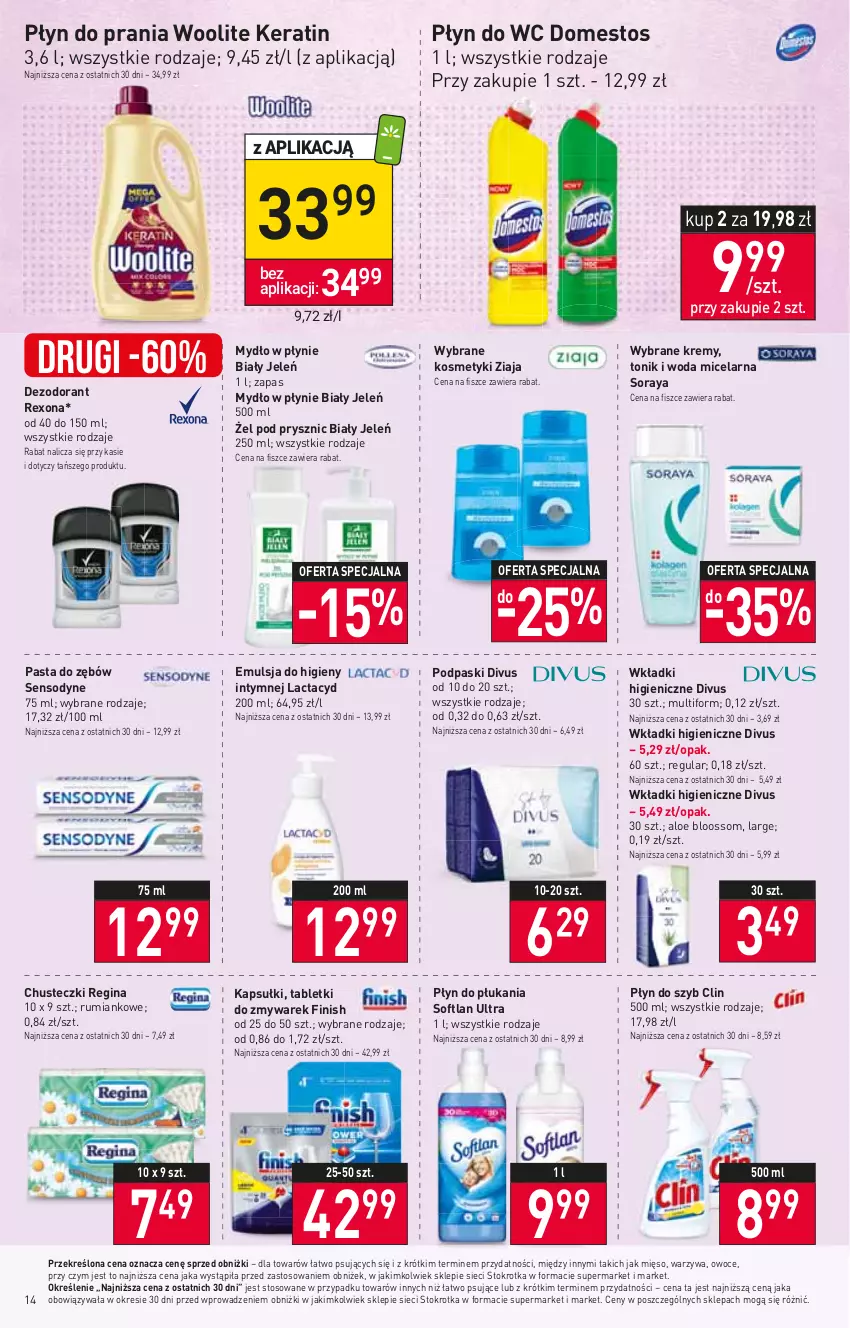 Gazetka promocyjna Stokrotka - Market - ważna 21.09 do 27.09.2023 - strona 19 - produkty: Biały Jeleń, Chusteczki, Clin, Dezodorant, Domestos, Emulsja, Finish, Gin, Lactacyd, Mięso, Mydło, Mydło w płynie, Owoce, Pasta do zębów, Płyn do płukania, Płyn do prania, Płyn do szyb, Płyn do wc, Podpaski, Rexona, Rum, Sensodyne, Tablet, Tonik, Warzywa, Wkładki, Woda, Woda micelarna, Woolite, Ziaja