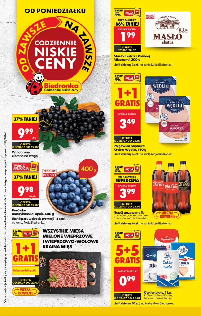 Gazetka promocyjna Biedronka - Od Poniedziałku - ważna 20.07 do 25.07.2026 - strona 1 - produkty: Borówka, Coca-Cola, Cukier, Diamant, Fa, Kret, Królewski, Masło, Miód, Napój, Napój gazowany, Polędwica