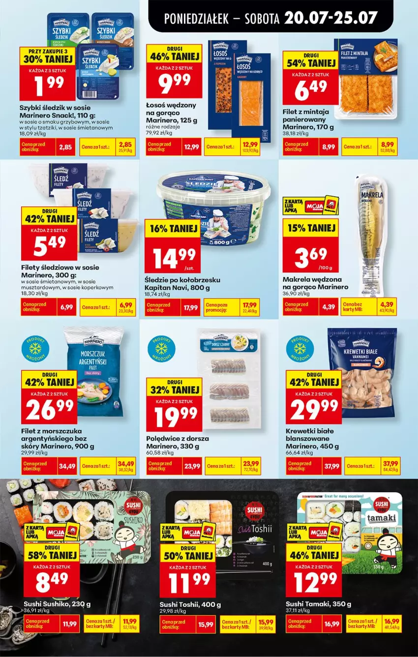 Gazetka promocyjna Biedronka - Od Poniedziałku - ważna 20.07 do 25.07.2026 - strona 39 - produkty: Dorsz, Filet z mintaja, Filet z morszczuka, Krewetki, Mintaj, Mus, Sos, Sushi