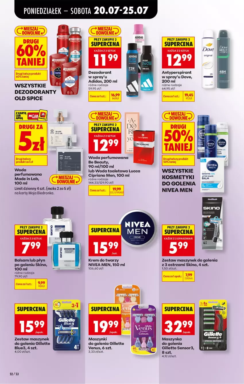 Gazetka promocyjna Biedronka - Od Poniedziałku - ważna 20.07 do 25.07.2026 - strona 70 - produkty: Adidas, Antyperspirant, Be Be, Dezodorant, Dove, Gillette, Gillette Venus, Gin, Krem do twarzy, Lanki, Nivea, Nivea Men, Old Spice, Perfum, Venus, Woda, Woda perfumowana, Woda toaletowa