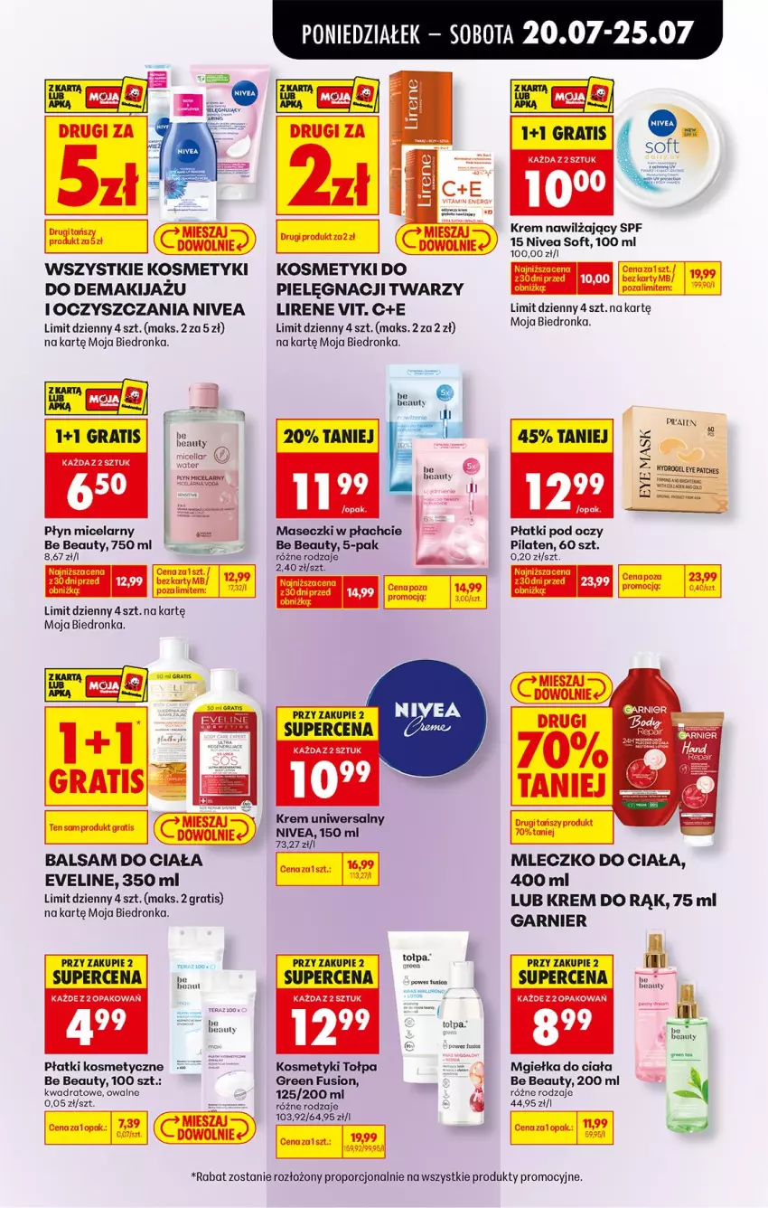 Gazetka promocyjna Biedronka - Od Poniedziałku - ważna 20.07 do 25.07.2026 - strona 71 - produkty: Balsam do ciała, Be Be, Brugi, Eveline, Fa, Fusion, Garnier, Gra, Krem do rąk, Krem nawilżający, Krem uniwersalny, Lirene, Mleczko, Mleczko do ciała, Nivea, Płatki kosmetyczne, Płyn micelarny, Por, Ser, Tera, Tołpa