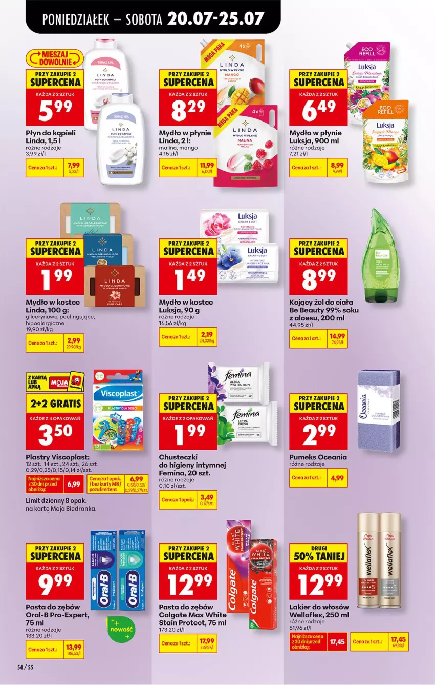 Gazetka promocyjna Biedronka - Od Poniedziałku - ważna 20.07 do 25.07.2026 - strona 72 - produkty: Be Be, Chusteczki, Chusteczki do higieny, Colgate, Fa, Lakier, LG, Luksja, Mydło, Mydło w płynie, Nokia, Pasta do zębów, Płyn do kąpieli, Pumeks, Sok, Viscoplast, Wella, Wellaflex