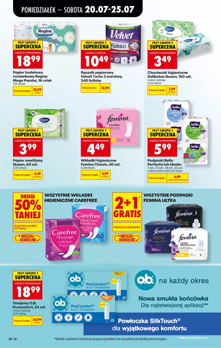 Gazetka promocyjna Biedronka - Od Poniedziałku - ważna 20.07 do 25.07.2026 - strona 82 - produkty: Bell, Bella, Carefree, Chusteczki, Gin, O.B., Papier, Papier toaletowy, Perfecta, Podpaski, Por, Ręcznik, Rum, Tampony, Velvet, Wkładki