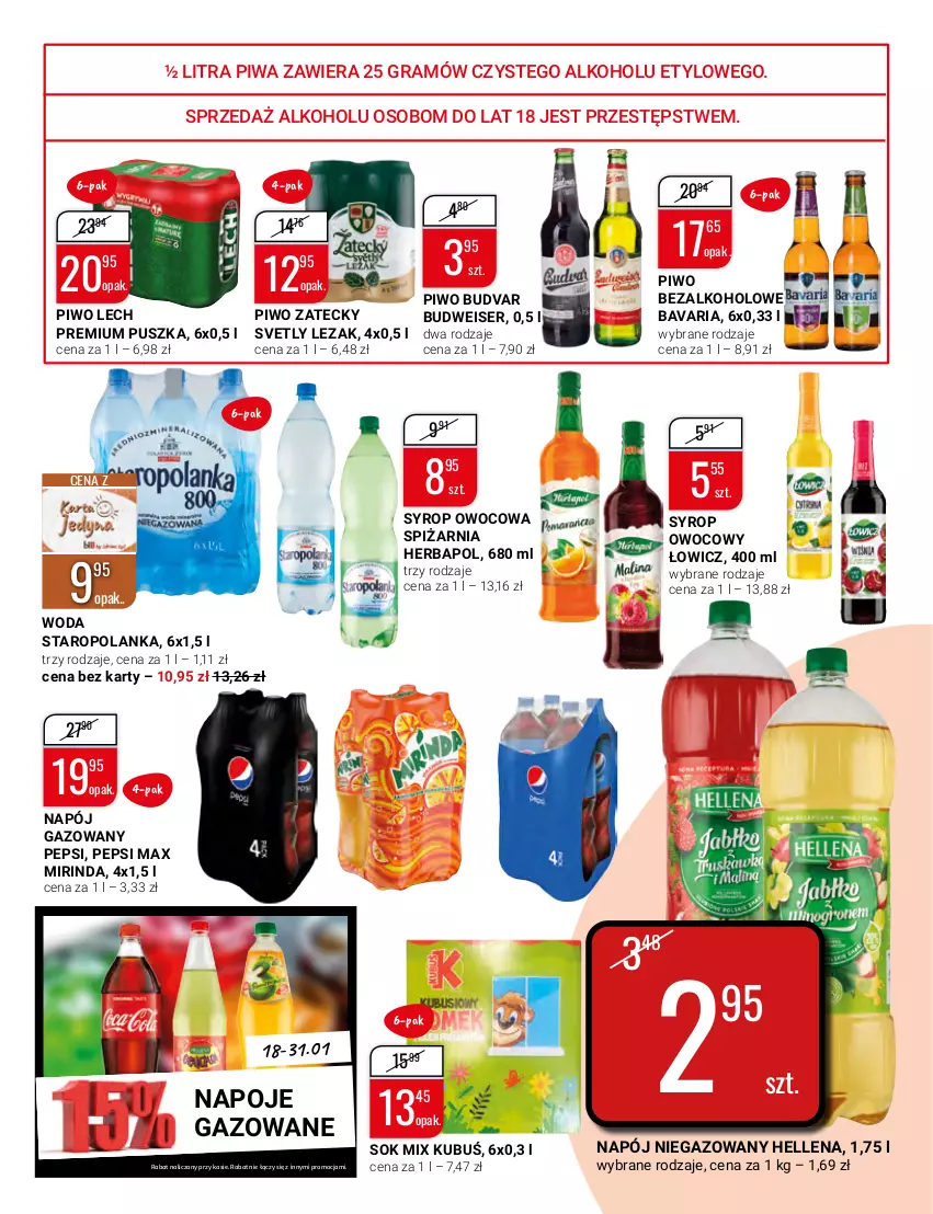 Gazetka promocyjna Bi1 - MegaPaki - ważna 18.01 do 31.01.2023 - strona 13 - produkty: Gra, Hellena, Herbapol, Kubuś, Lech Premium, Mirinda, Napój, Napój gazowany, Napój niegazowany, Napoje, Pepsi, Pepsi max, Piwa, Piwo, Ser, Sok, Staropolanka, Syrop, Woda