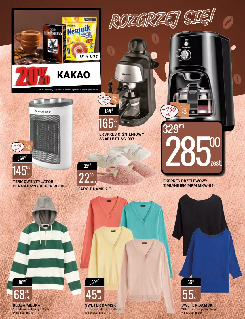 Gazetka promocyjna Bi1 - MegaPaki - ważna 18.01 do 31.01.2023 - strona 15 - produkty: Bluza, Ekspres przelewowy, Kakao, Kapcie, Sweter, Termowentylator